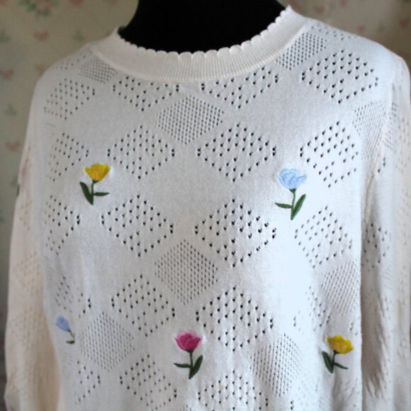 Loft Winter White Cotton Sweater with Embroidered Flowers, Large - Picture 2 of 10